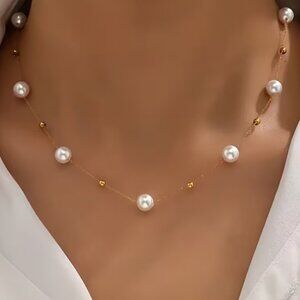 Pearl Choker Necklace Paired with Delicate Golden Beads on Gold Plated Chain